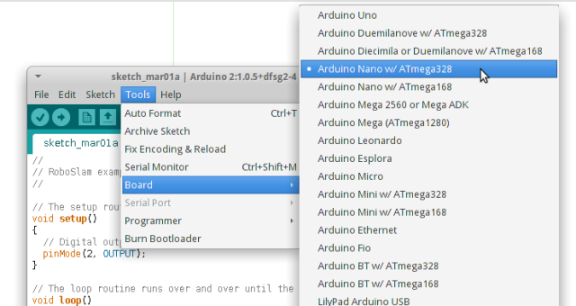 Screenshot showing how to select the Arduino board in the Arduino IDE