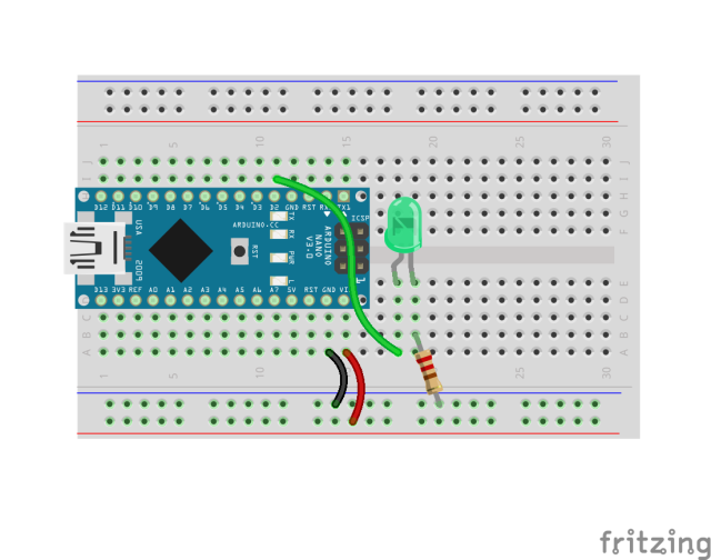 Illustration of breadboard circuit with Arduino, resistor and LED