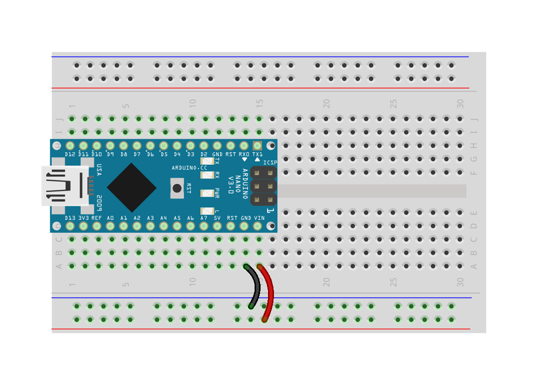 Illustration of an Arduino Nano plugged into a breadboard