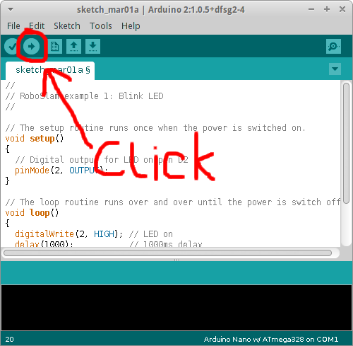 Screenshot showing how to upload a program to the Arduino and run it